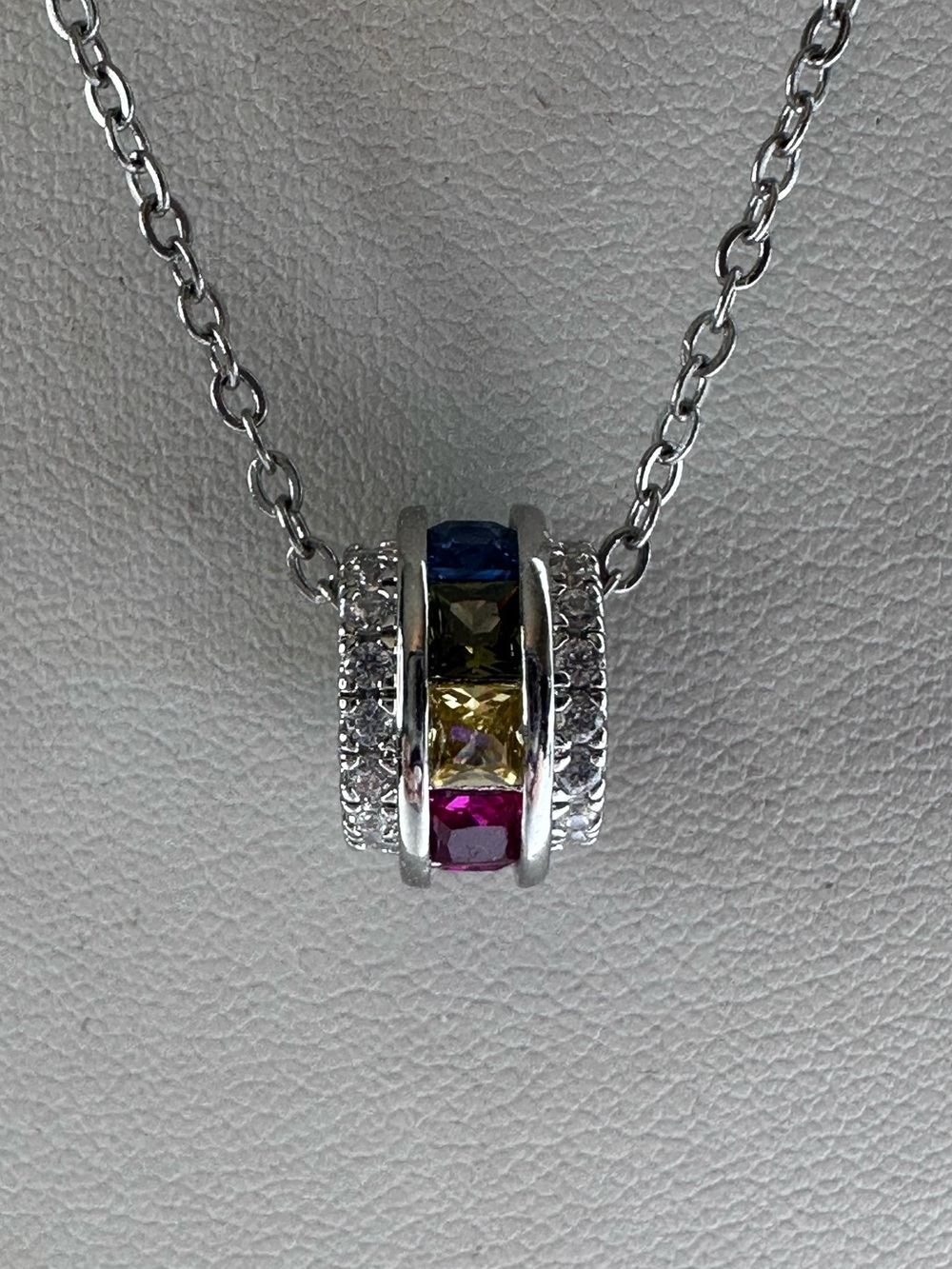 Multi-Color Ring Silver Pendant Necklace with Purple/Blue/Pink Cubic Zirconias - Picture 9 of 11